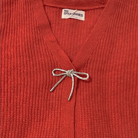 Cropped Long Sleeve Sweater, Red, Diamond Jewel Bow, Small - Picture 2 of 7